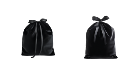 Elegant collection of black satin gift bags with tied ribbons displayed in a stylish arrangement
