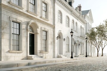Elegant street view showcasing classic architecture with stone facades and elegant lamp posts during a clear sunny day