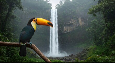 Toucan Perched on Branch Before Majestic Waterfall: Serene Jungle Vista