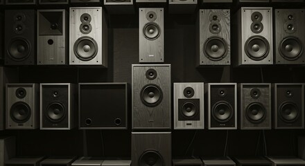 Obraz premium Displaying Audio Speakers and Subwoofers on a Dark Background for Music
