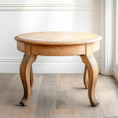 Rustic Round Wooden Table with Intricate Grain Patterns and Curved Legs in Bright Interior Setting