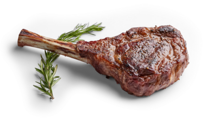 Delicious tomahawk pork steak displayed on a clean white backdrop, showcasing its rich color and tenderness with a touch of rosemary