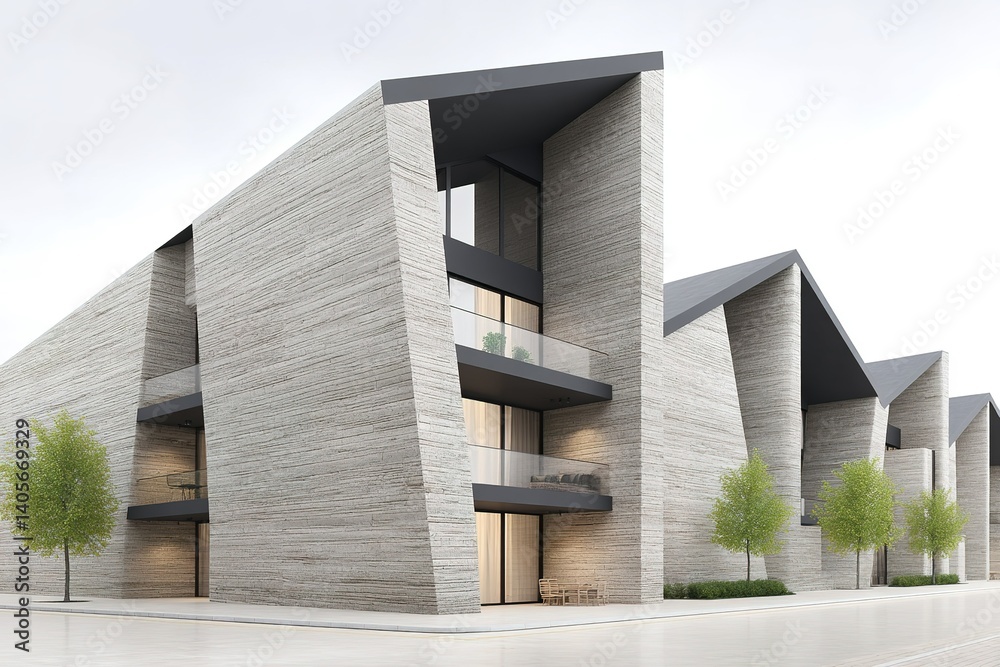 Poster modern architectural building with angular design in an urban setting during daylight