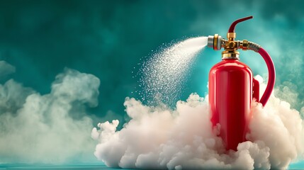 A red fire extinguisher sprays water, blending safety with vibrant colors and effects.