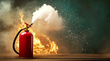 A red fire extinguisher spraying foam on flames, demonstrating fire safety measures.