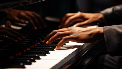 Obraz premium A close-up shot of a person's hands playing a piano, focus on the keys and fingers