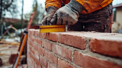 Mason using a level to align bricks for a wall. Featuring precision and craftsmanship