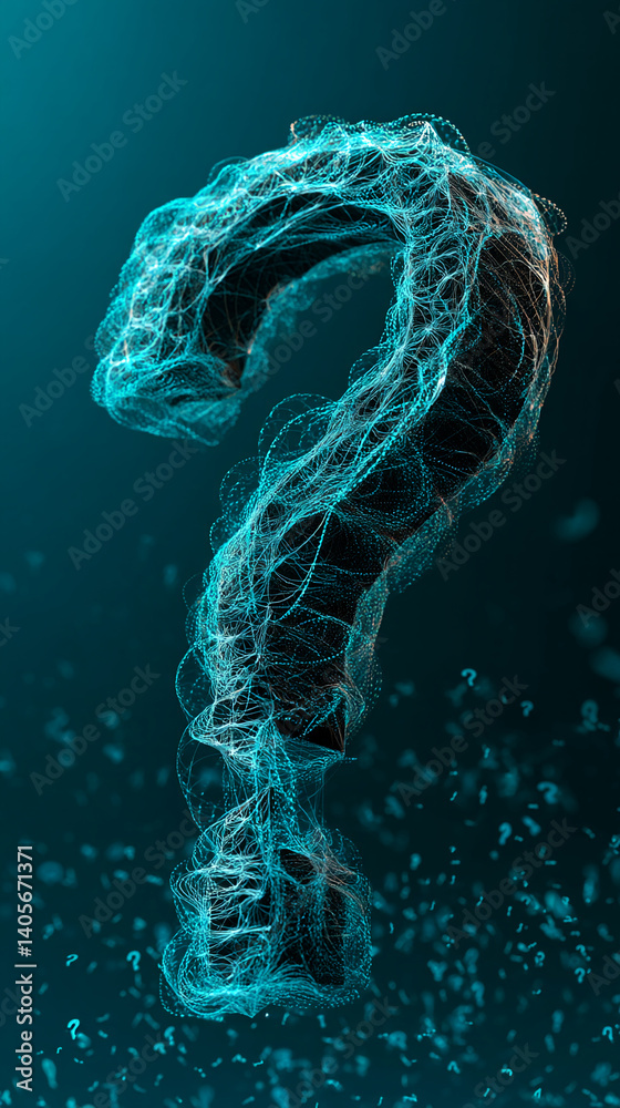 Poster Abstract question mark formed by glowing cyan lines, set against a dark teal background Small question marks float around it, suggesting inquiry and uncertainty
