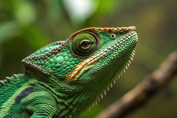 Obraz premium Green Chameleon Close-Up on Green Background - Ecology and Wildlife High-Resolution Render