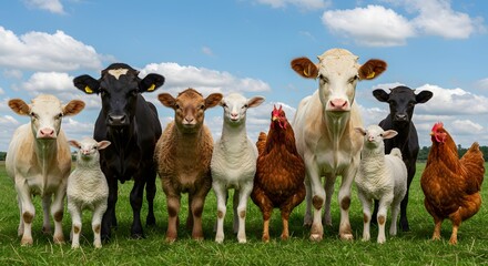 Fototapeta premium Farm Animals: A Serene Pastoral Scene of Cows, Lambs, and Chickens