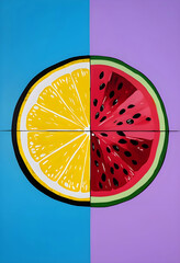 Pop Art Fusion Fruit – Lemon and Watermelon Symmetry on Color Split Background