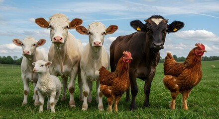 Farm Animals in Pastoral Scene: Serene Cattle, Lamb, Chickens