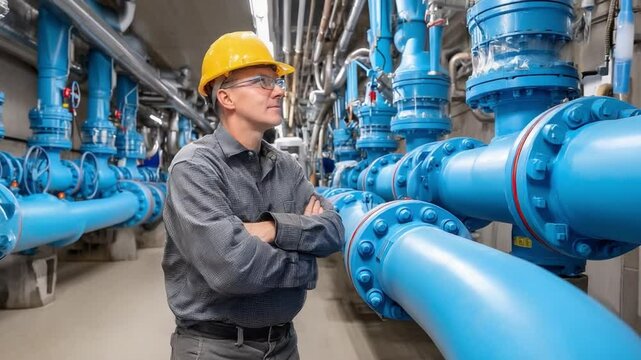 Inspection & Precision: A skilled technician inspects intricate pipework within an industrial setting, wearing protective gear and demonstrating focused expertise in a professional environment.