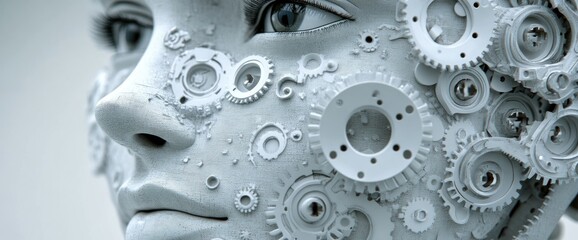 Close-up of face covered in gears and mechanical parts, creating a textured, futuristic look