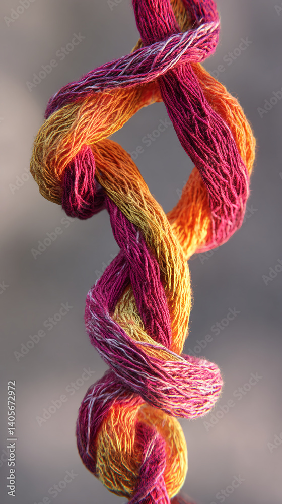 Poster Close-up of intertwined orange and magenta threads, creating a complex textured spiral form.  Represents artistry, craftsmanship, and intricate design, suitable for textile or art themes.