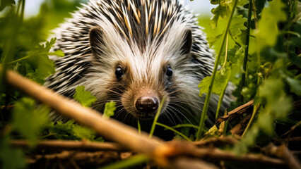 Naklejka premium A hedgehog looks up from the grass, camera focus