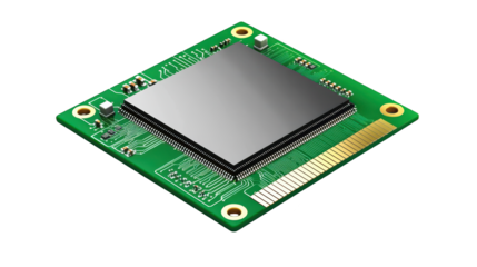 Intricate green circuit board with a prominent black and white chip, closeup examination