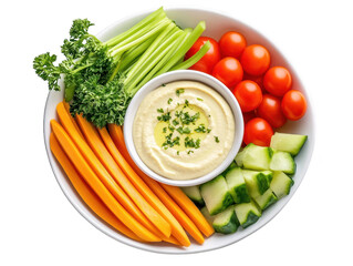 Colorful plate of fresh vegetables with creamy dip, a healthy and delicious snack