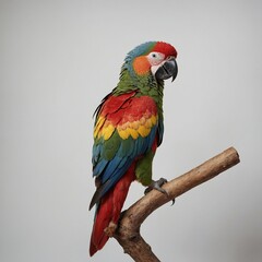 Obraz premium A colorful parrot perched with its feathers spread slightly on a white backdrop.