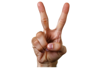 A hand is making a peace sign on a transparent background, symbolizing victory and hope in a simple yet powerful visual gesture