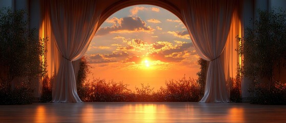 Archway frames fiery sunset, casting golden light on a polished floor. Soft curtains and greenery add serenity