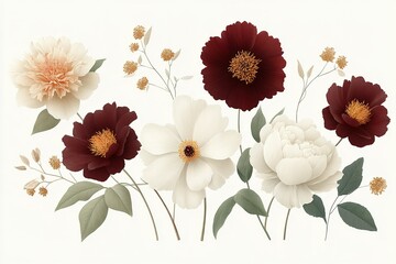 Colorful floral arrangement featuring peonies and assorted blooms on a light background in a decorative style