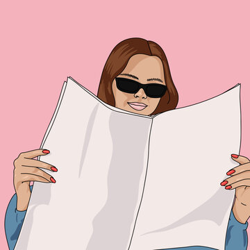 Illustration of a Young Woman Reading a Blank Newspaper Wearing Sunglasses
