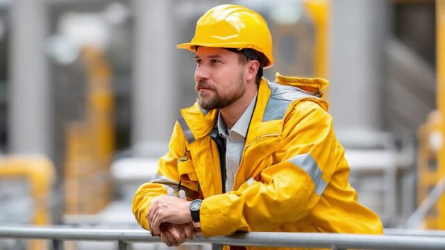 The Focused Engineer: An engineer stands tall, deep in thought, surrounded by the industrial environment. Focused, He exudes competence and dedication, embodying the essence of industry expertise.