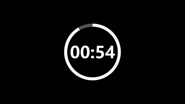 One minute countdown timer animation from 60 to 0 on a transparent background, 60 seconds countdown timer with alpha channel.