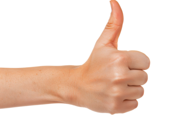 Hand gesture, an upward thumb signals approval against a stark transparent background