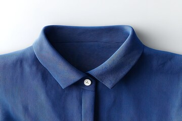 Blue collared shirt displayed flat with button detail on a plain background highlighting texture and fabric quality