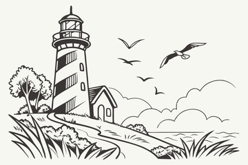 Guiding Light: A classic, line-art illustration of a stalwart lighthouse, standing sentinel above a rolling coastal landscape, guiding ships safely through the sea with unwavering steadfastness.