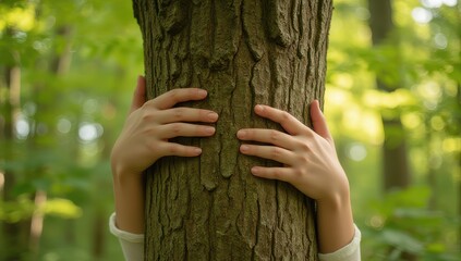Hands embracing tree trunk in forest