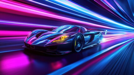 Fototapeta premium Speeding Sports Car On Neon Highway. Powerful acceleration of a supercar on a night track with colorful lights and trails. 3d render 