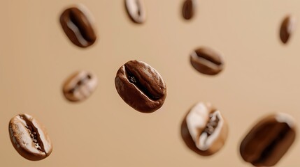Floating coffee beans on a beige background