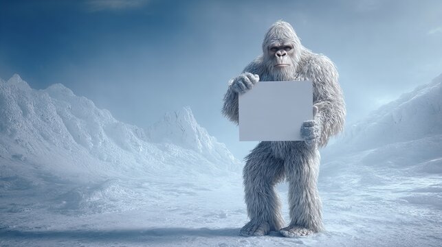 Funny Sasquatch in the woods holding a blank sign with copy space. Great for ads, memes, or creative designs.