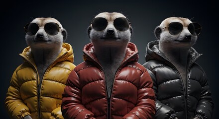 Stylish Meerkats in Hooded Puffer Jackets: A Trendy, Cool Image