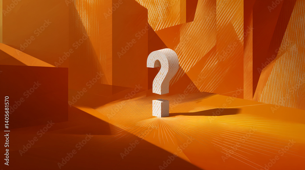 Poster White question mark on orange textured background, abstract 3D rendering, symbolizing inquiry, uncertainty, or problem-solving, suitable for conceptual designs