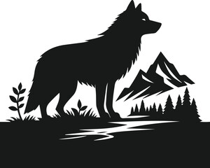 Mountain with wolf vector