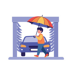 A young man holding a colorful umbrella while walking towards a car wash in flat vector illustration style, showcasing a cheerful atmosphere and modern design elements in vector art