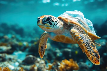 Obraz premium Underwater turtle swimming amidst ocean debris in vibrant coral reef environment