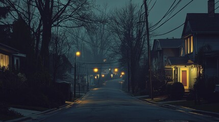Obraz premium Nightfall on a quiet residential street, the warm glow of houses illuminates the misty evening, creating a serene atmosphere.