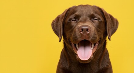 Fototapeta premium Joyful Chocolate Labrador Puppy Against Yellow Background