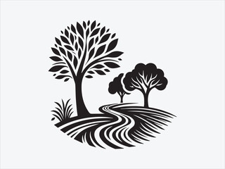 Tree and Pathway Silhouette with Serene Landscape Scene for Nature, Journey, and Tranquil Design