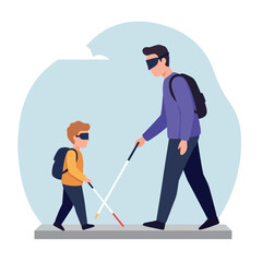 Obraz premium A man and a boy walking together with white canes in a flat, minimal design vector illustration showcasing support and companionship in a calm setting