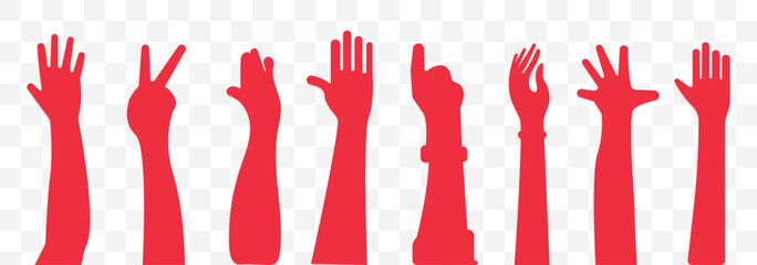 Raised hand icon symbolizing stop or interaction. hand icon. Set of hand hello icons. Raised hands. Volunteering, teamwork concert. EPS 10.