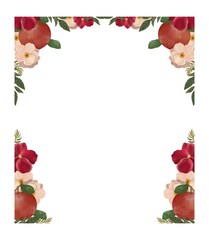 Wallpaper background with red flowers, apples. Label, invitation card