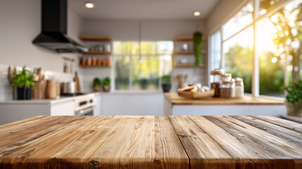 Empty Wooden Table with Bright Blurred Kitchen Background and Warm Bokeh Sunshine – Mockup for Product Display or Cooking Content