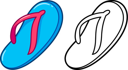 Obraz premium Cartoon flip flop slipper. Color image and black and white line icon. Vector clipart illustration.