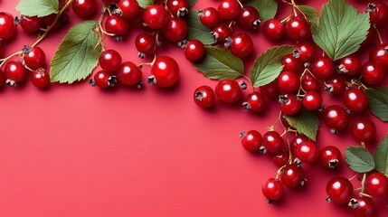 Red currants with green leaves arranged on a red background.